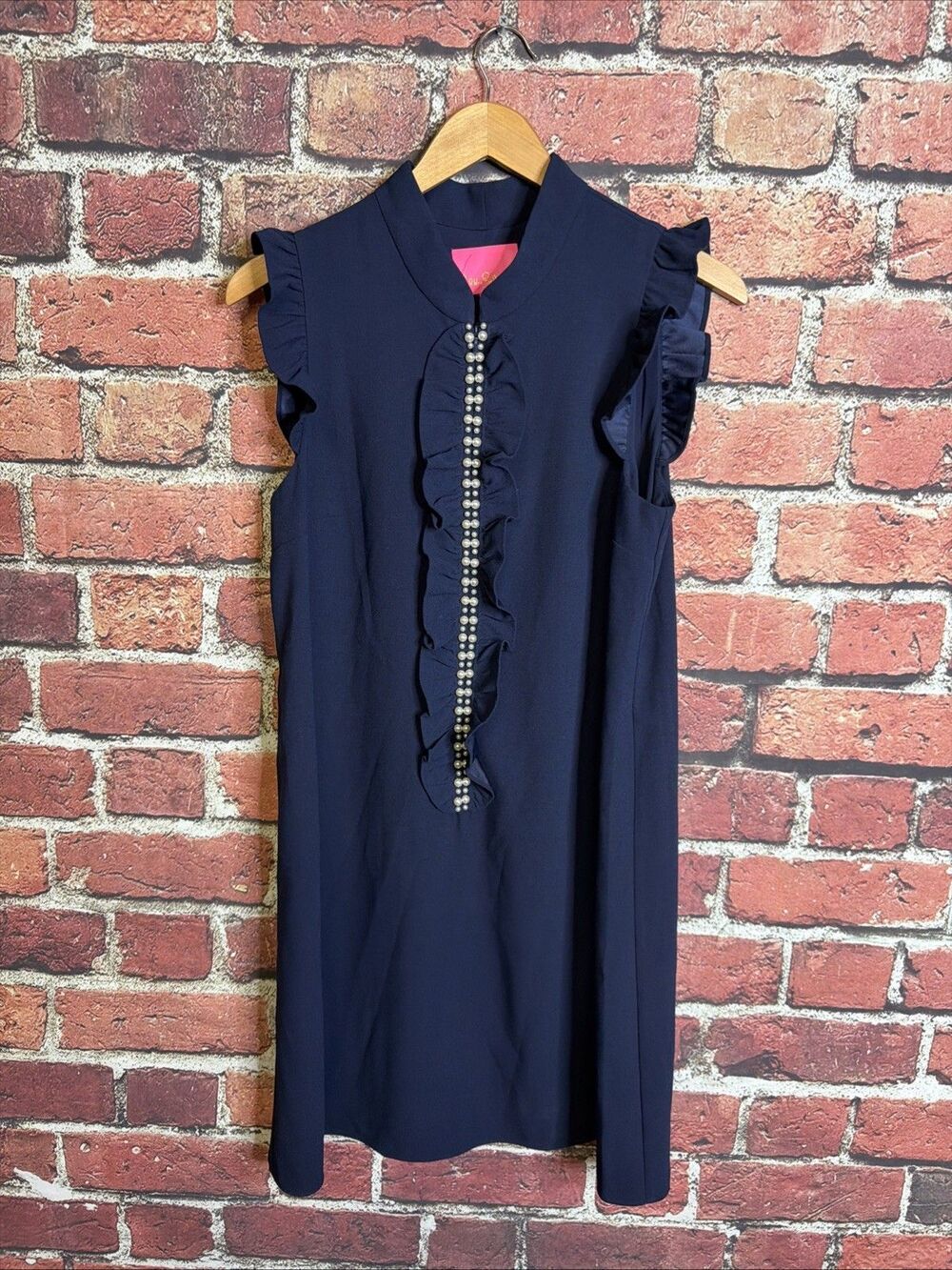 Lilly Pulitzer Shift Dress Womens 8 Adalee Navy Blue Pearl Ruffle
